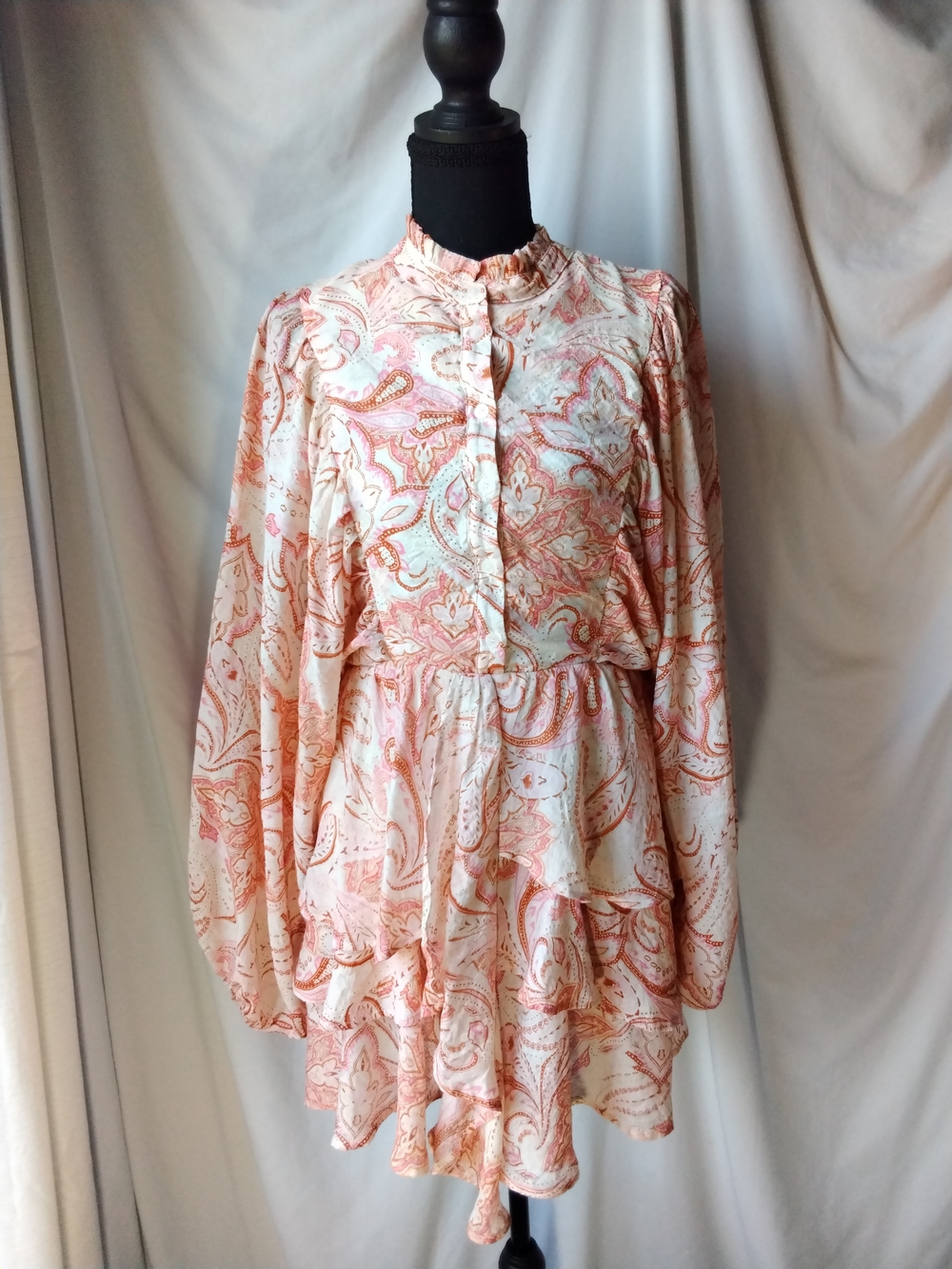 Fate Peach Paisley Long-Sleeve Tiered Mini Dress